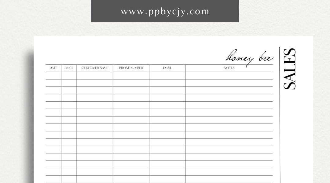 Honey Bee Sales Printable Template – Digital Download for Tracking Sales of Honey and Bee Products with sections for product details, quantities, prices, and customer information.