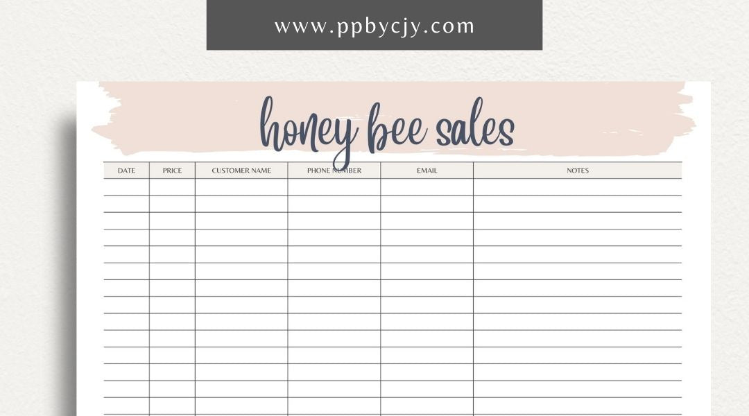 Honey Bee Sales Printable Template – Digital Download for Tracking Sales of Honey and Bee Products with sections for product details, quantities, prices, and customer information.