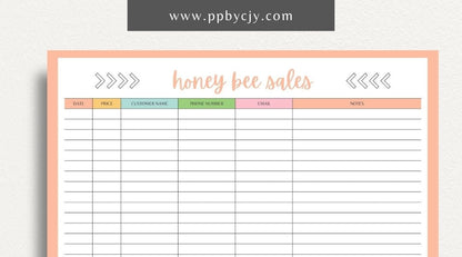 Honey Bee Sales Printable Template – Digital Download for Tracking Sales of Honey and Bee Products with sections for product details, quantities, prices, and customer information.