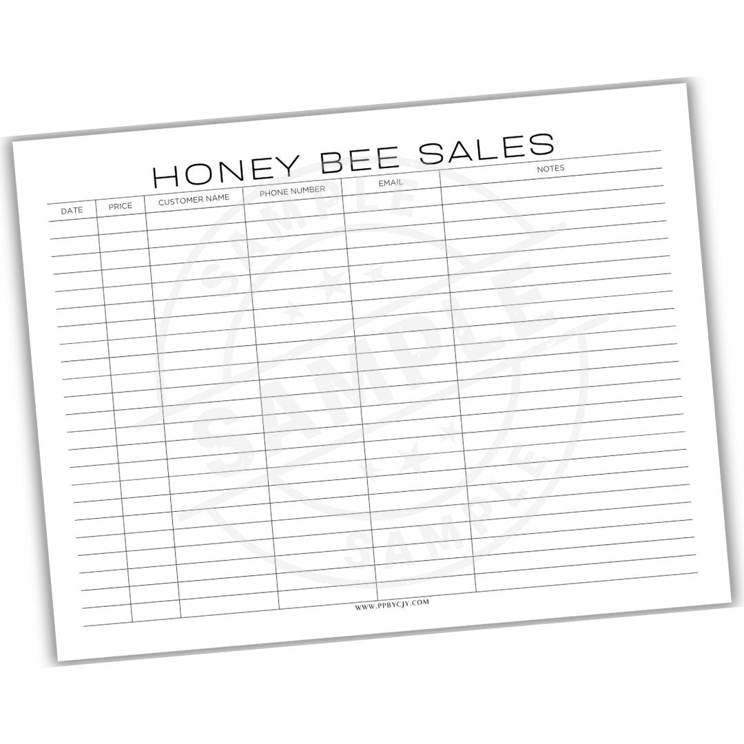 Sheet of paper with a sales tracking template titled 'Honey Bee Sales' on a white background.