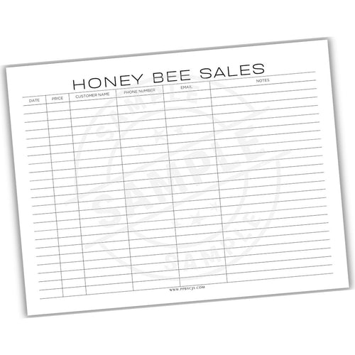 Sheet of paper with a sales tracking template titled 'Honey Bee Sales' on a white background.