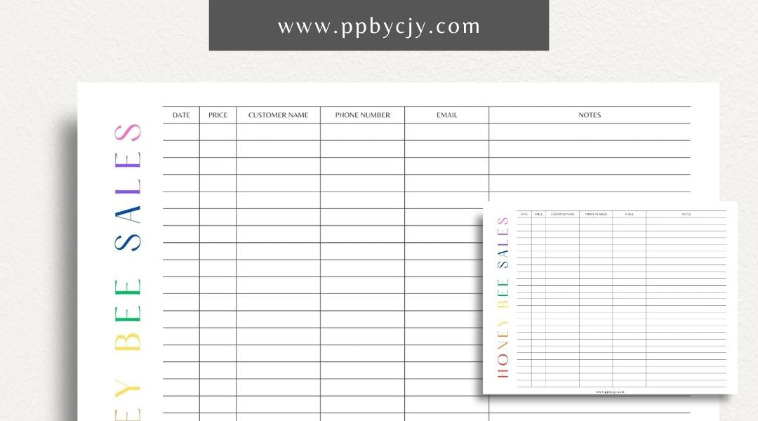 Honey Bee Sales Printable Template – Digital Download for Tracking Sales of Honey and Bee Products with sections for product details, quantities, prices, and customer information.