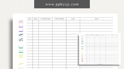 Honey Bee Sales Printable Template – Digital Download for Tracking Sales of Honey and Bee Products with sections for product details, quantities, prices, and customer information.