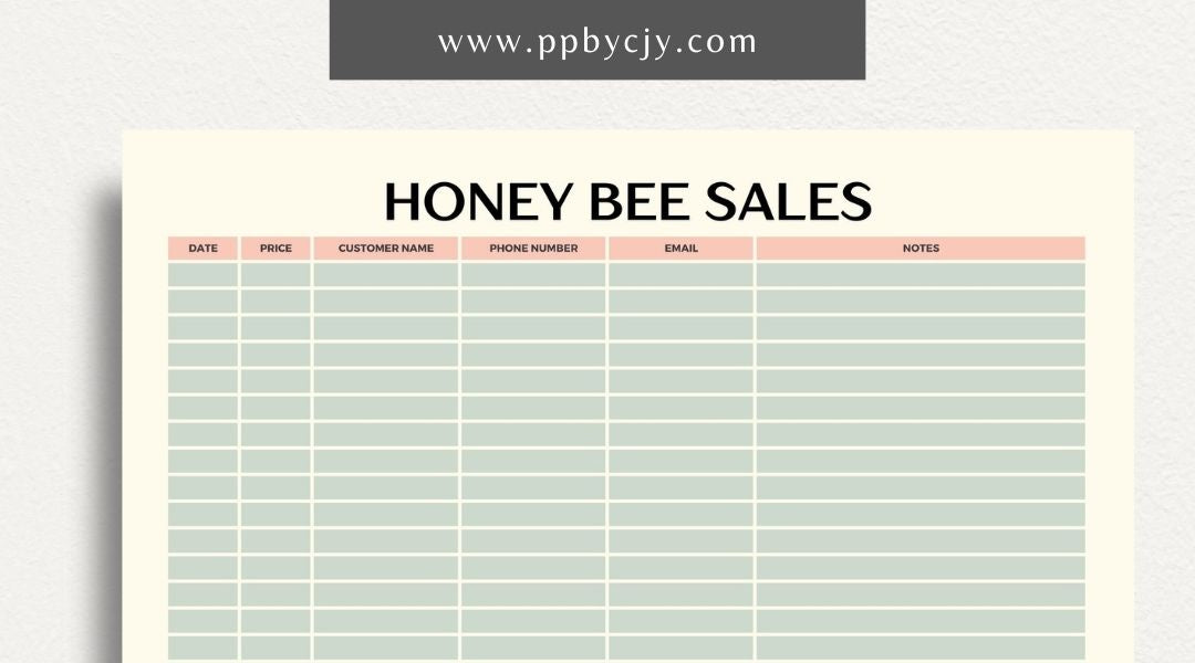 Honey Bee Sales Printable Template – Digital Download for Tracking Sales of Honey and Bee Products with sections for product details, quantities, prices, and customer information.