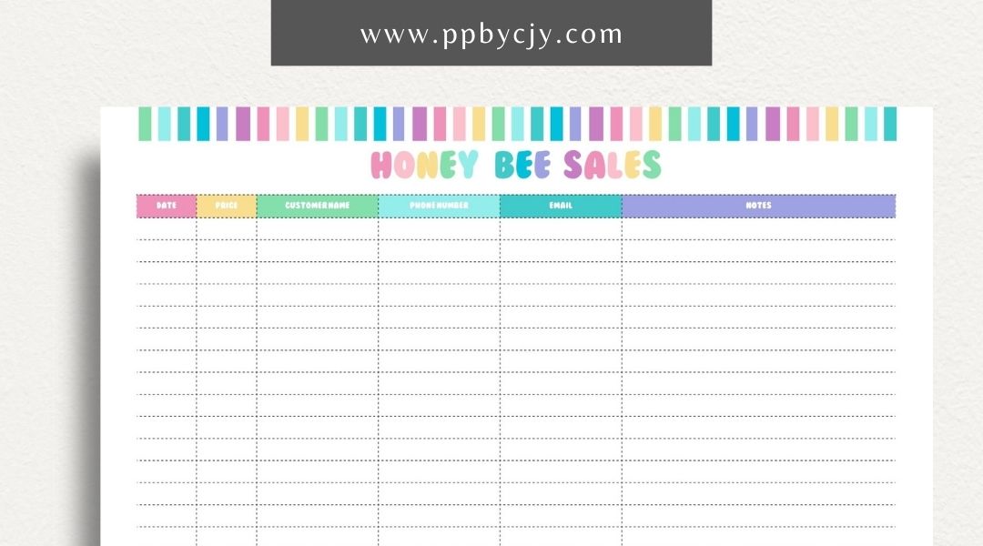 Honey Bee Sales Printable Template – Digital Download for Tracking Sales of Honey and Bee Products with sections for product details, quantities, prices, and customer information.