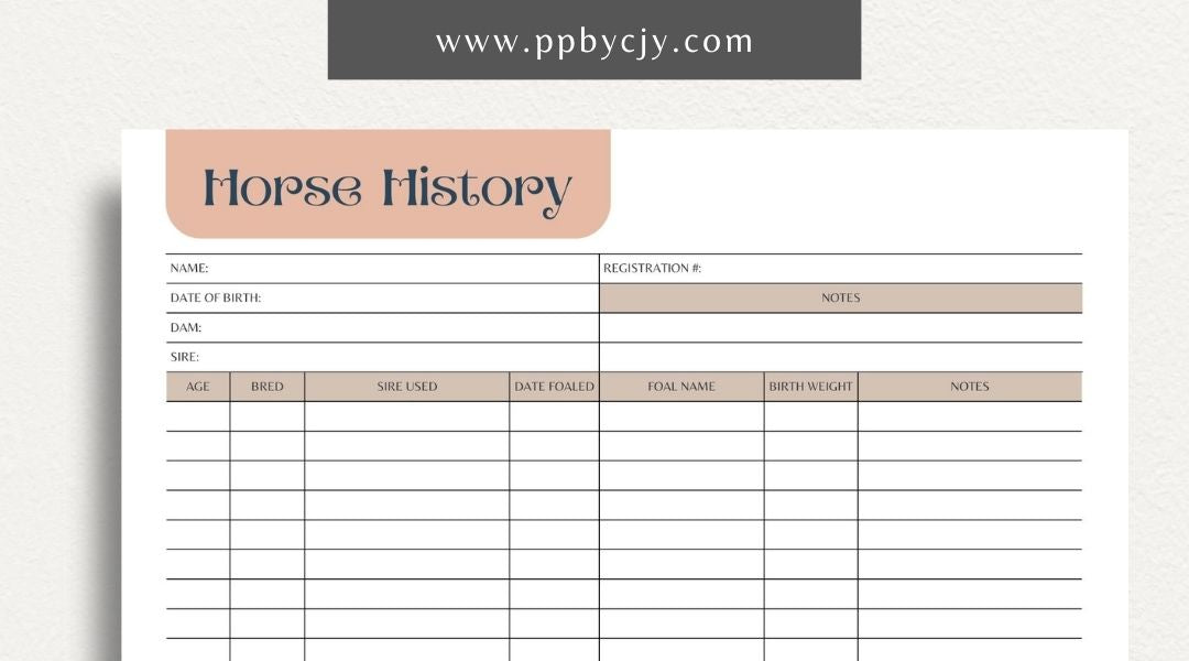 Equine Horse Record Printable Template – Digital Download for Comprehensive Tracking of Horse Information with sections for health, training, performance, and other essential details.