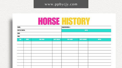 Equine Horse Record Printable Template – Digital Download for Comprehensive Tracking of Horse Information with sections for health, training, performance, and other essential details.