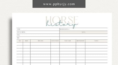 Equine Horse Record Printable Template – Digital Download for Comprehensive Tracking of Horse Information with sections for health, training, performance, and other essential details.