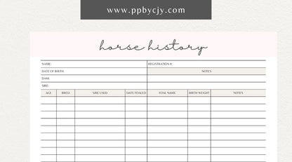 Equine Horse Record Printable Template – Digital Download for Comprehensive Tracking of Horse Information with sections for health, training, performance, and other essential details.