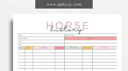 Equine Horse Record Printable Template – Digital Download for Comprehensive Tracking of Horse Information with sections for health, training, performance, and other essential details.