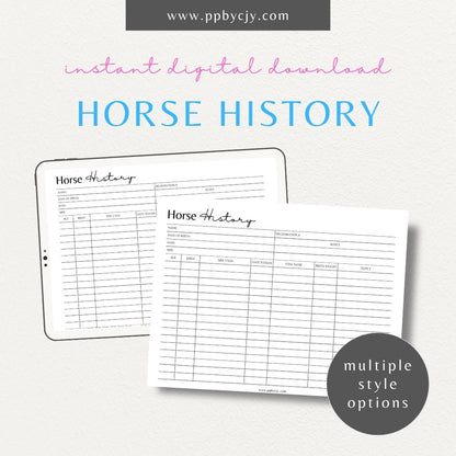 Equine Horse Record Printable Template – Digital Download for Comprehensive Tracking of Horse Information with sections for health, training, performance, and other essential details.