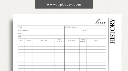 Equine Horse Record Printable Template – Digital Download for Comprehensive Tracking of Horse Information with sections for health, training, performance, and other essential details.