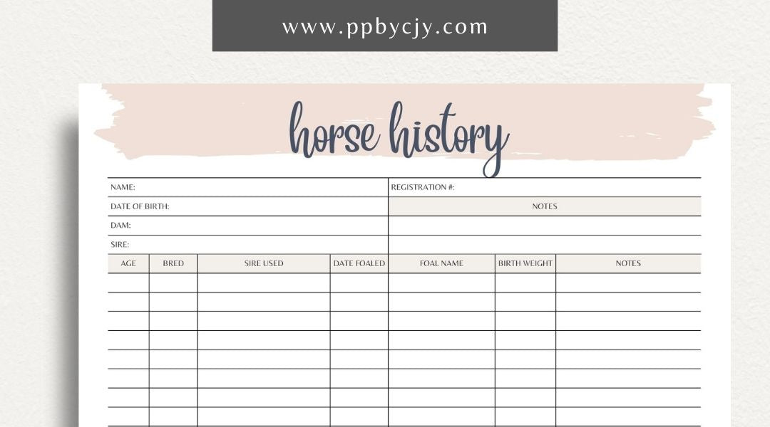 Equine Horse Record Printable Template – Digital Download for Comprehensive Tracking of Horse Information with sections for health, training, performance, and other essential details.