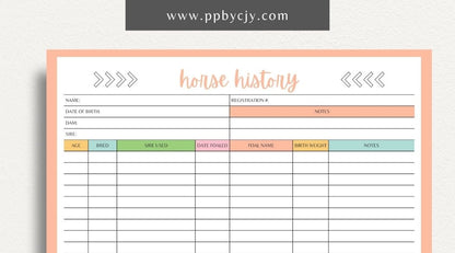 Equine Horse Record Printable Template – Digital Download for Comprehensive Tracking of Horse Information with sections for health, training, performance, and other essential details.