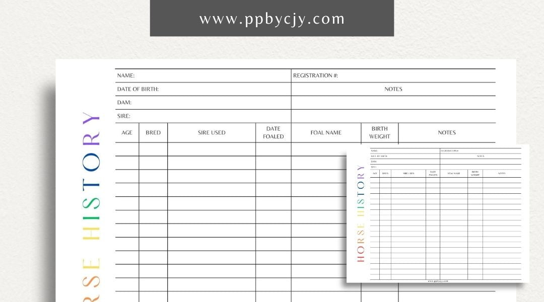 Equine Horse Record Printable Template – Digital Download for Comprehensive Tracking of Horse Information with sections for health, training, performance, and other essential details.