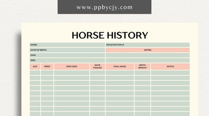 Equine Horse Record Printable Template – Digital Download for Comprehensive Tracking of Horse Information with sections for health, training, performance, and other essential details.