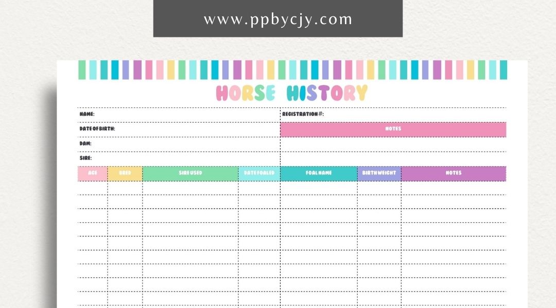 Equine Horse Record Printable Template – Digital Download for Comprehensive Tracking of Horse Information with sections for health, training, performance, and other essential details.