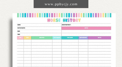 Equine Horse Record Printable Template – Digital Download for Comprehensive Tracking of Horse Information with sections for health, training, performance, and other essential details.