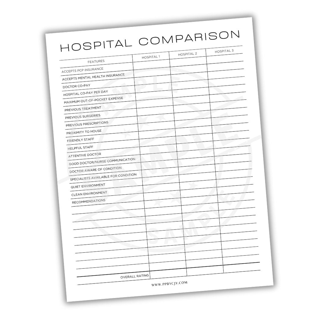 Sheet of paper titled 'Hospital Comparison' with a list of features to be filled out.