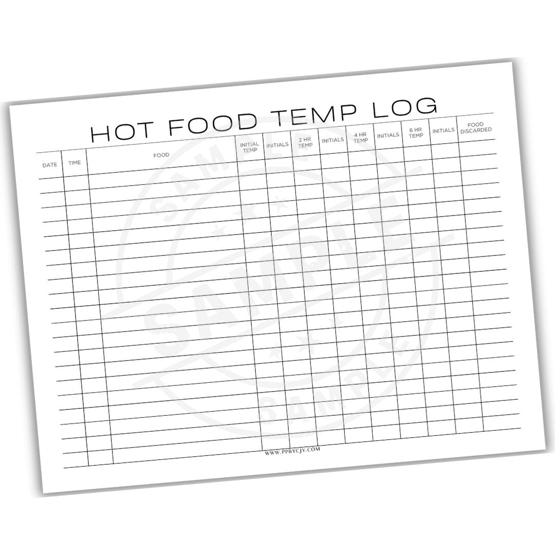Hot food temperature log sheet on a white background
