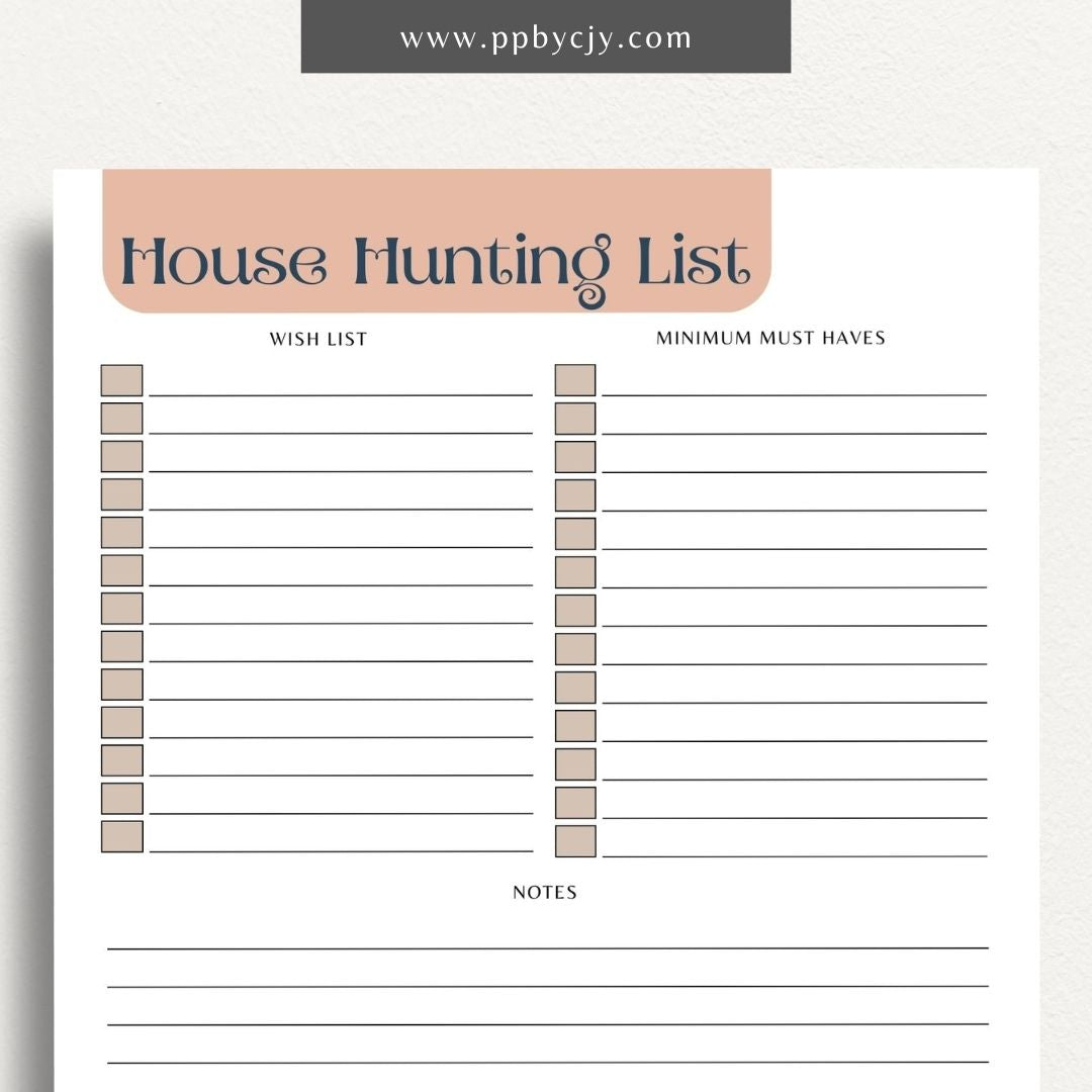 House Hunting Checklist Printable Template – Digital download for organizing and evaluating potential homes during your house search.