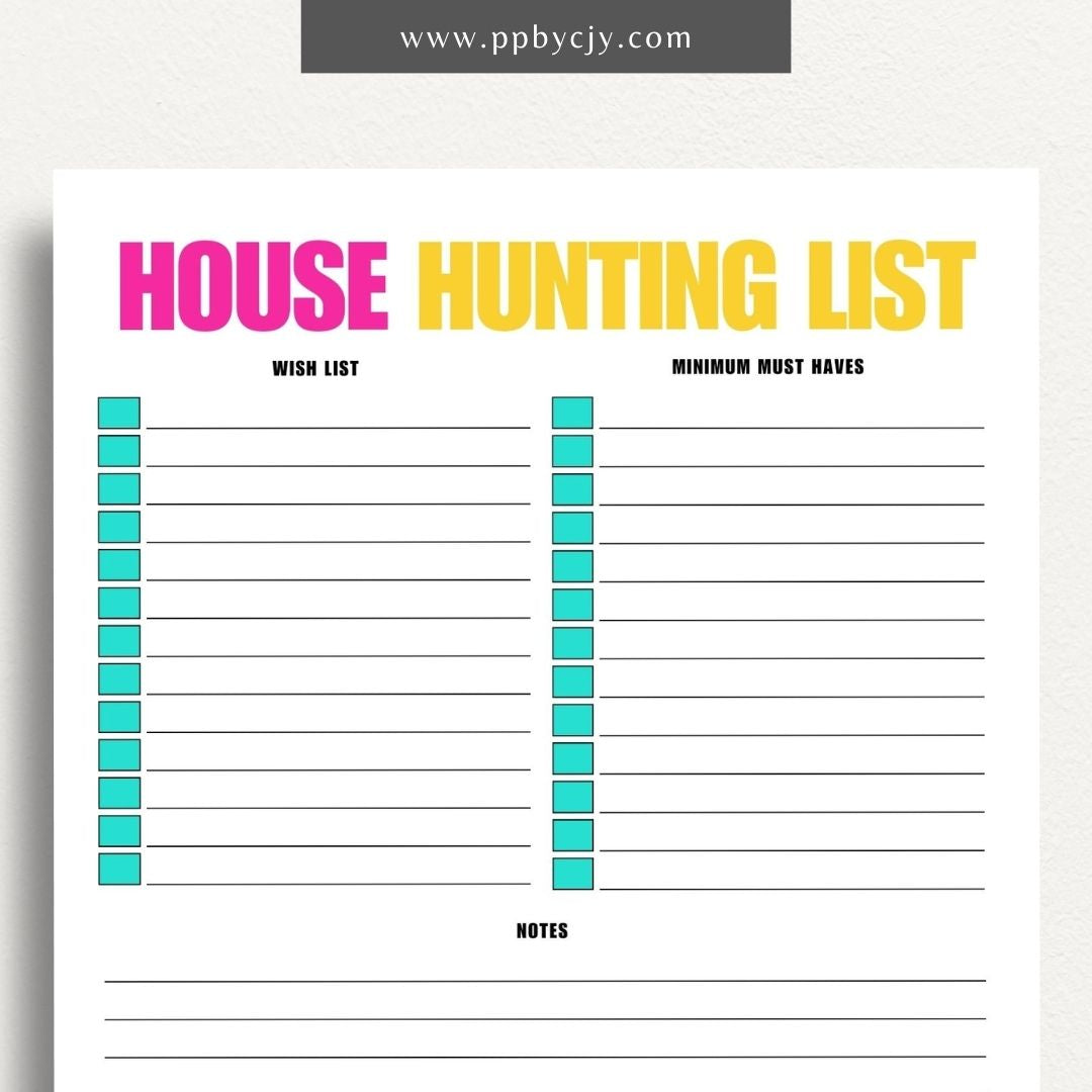 House Hunting Checklist Printable Template – Digital download for organizing and evaluating potential homes during your house search.