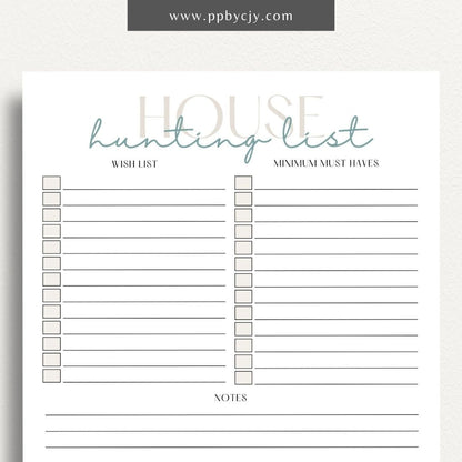 House Hunting Checklist Printable Template – Digital download for organizing and evaluating potential homes during your house search.