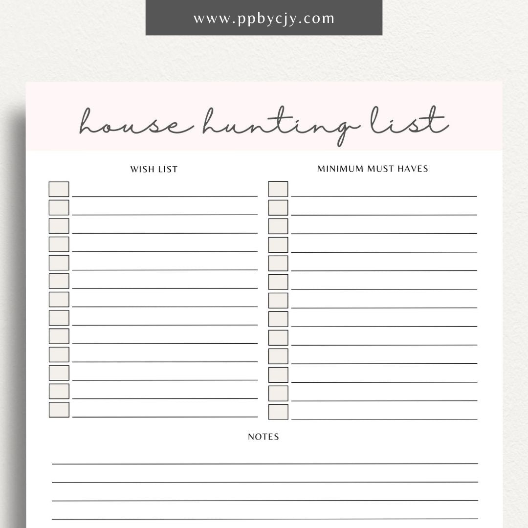 House Hunting Checklist Printable Template – Digital download for organizing and evaluating potential homes during your house search.