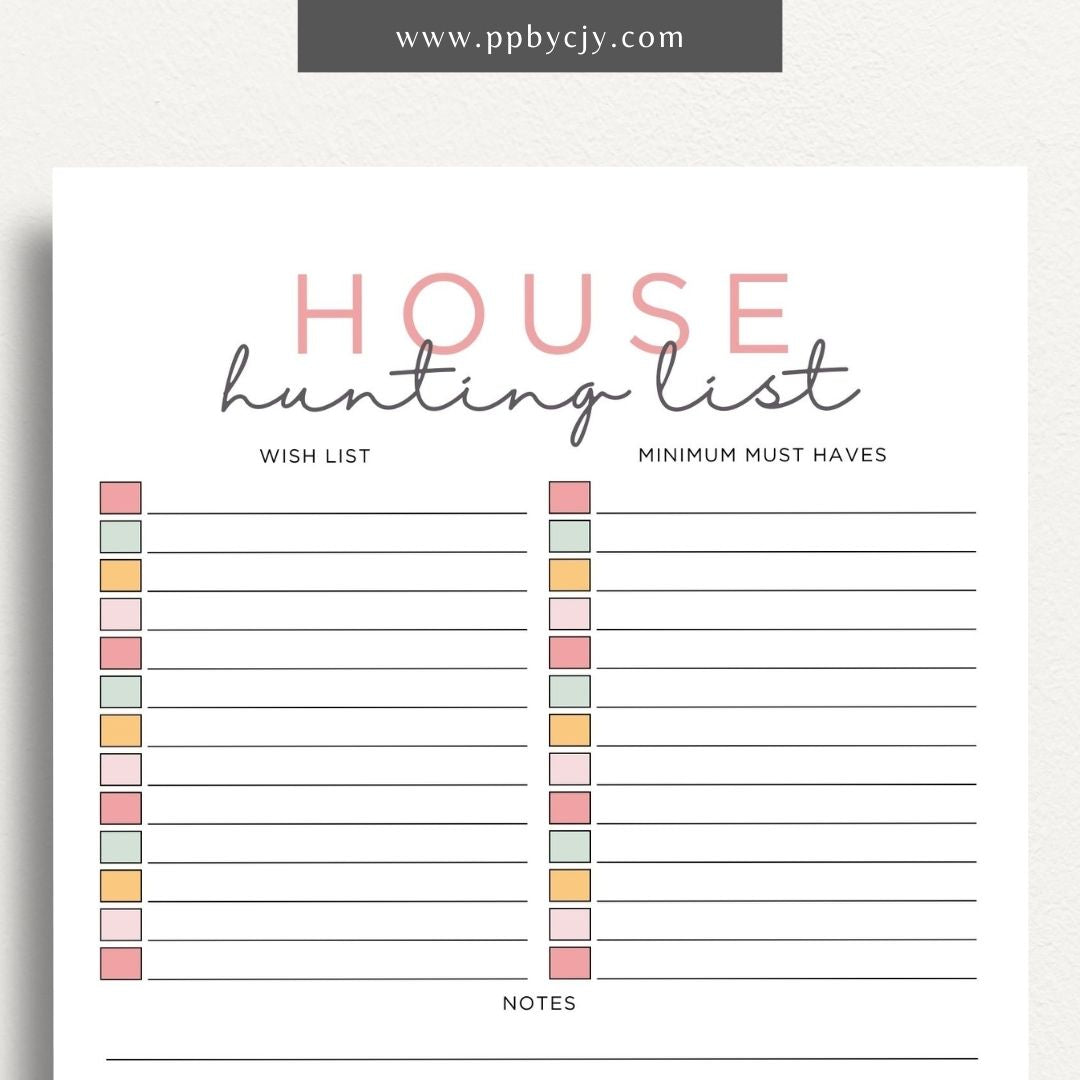 House Hunting Checklist Printable Template – Digital download for organizing and evaluating potential homes during your house search.