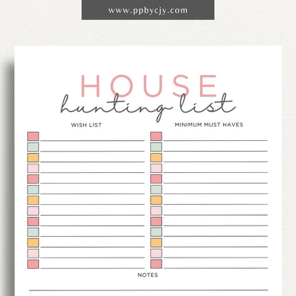 House Hunting Checklist Printable Template – Digital download for organizing and evaluating potential homes during your house search.