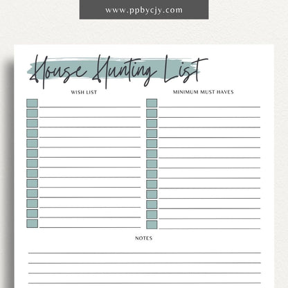 House Hunting Checklist Printable Template – Digital download for organizing and evaluating potential homes during your house search.