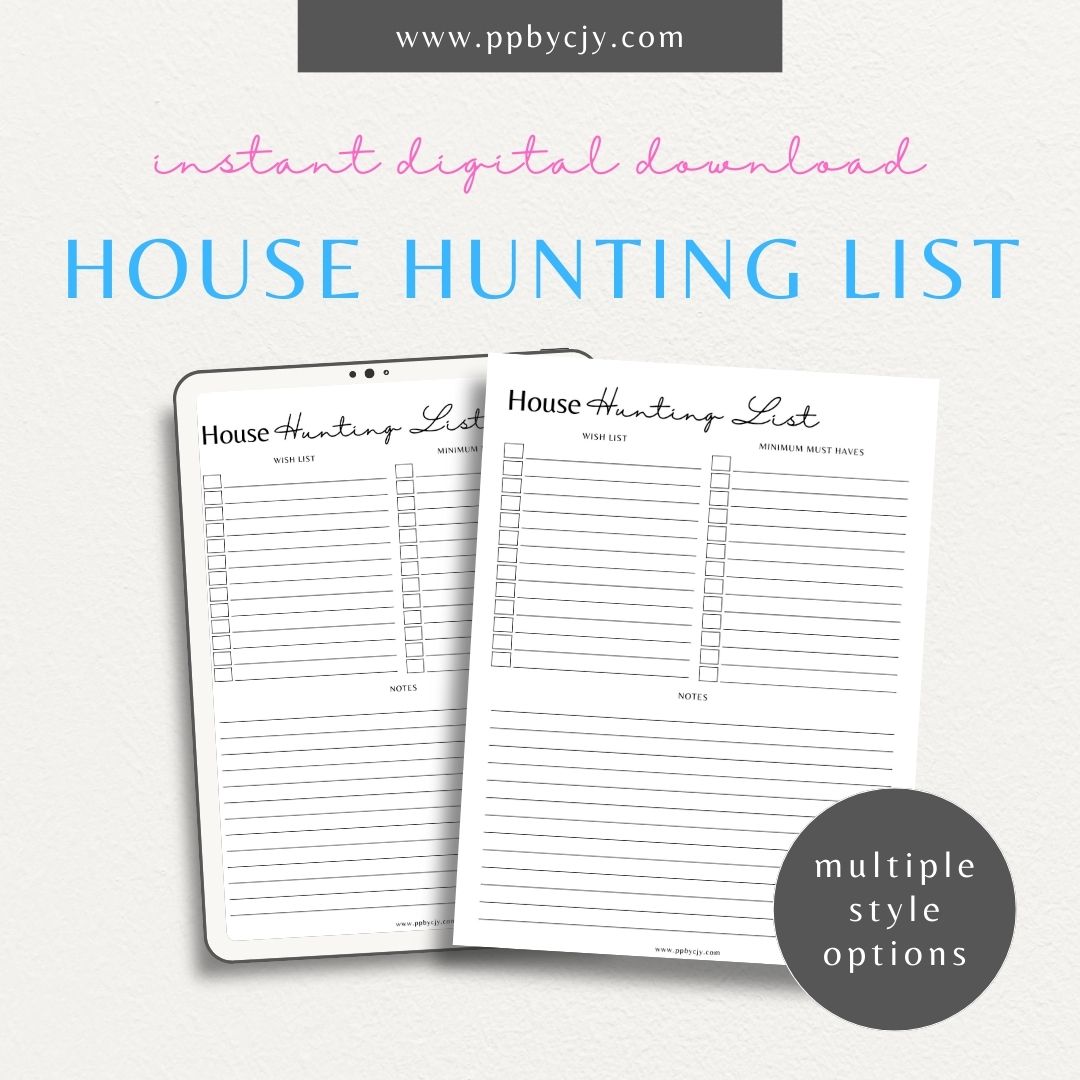 House Hunting Checklist Printable Template – Digital download for organizing and evaluating potential homes during your house search.