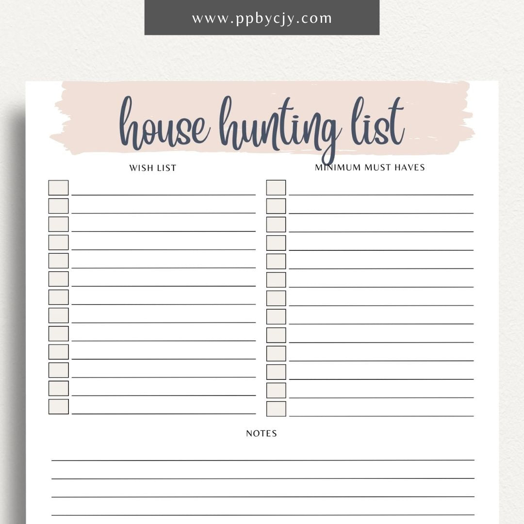 House Hunting Checklist Printable Template – Digital download for organizing and evaluating potential homes during your house search.