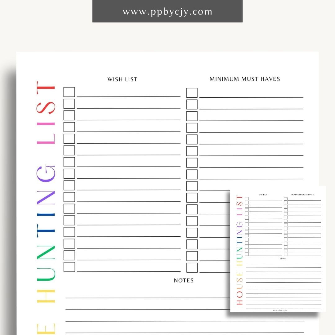 House Hunting Checklist Printable Template – Digital download for organizing and evaluating potential homes during your house search.