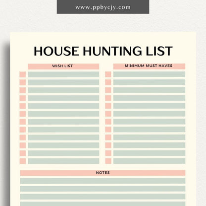 House Hunting Checklist Printable Template – Digital download for organizing and evaluating potential homes during your house search.