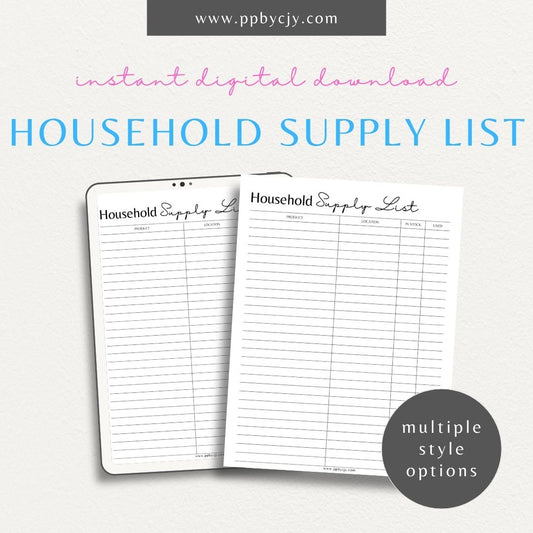 Household Supply Inventory Printable Template – Digital download for tracking and managing household supplies and essentials.