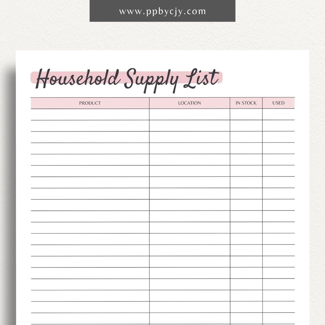 Household Supply Inventory List Printable PDF Template