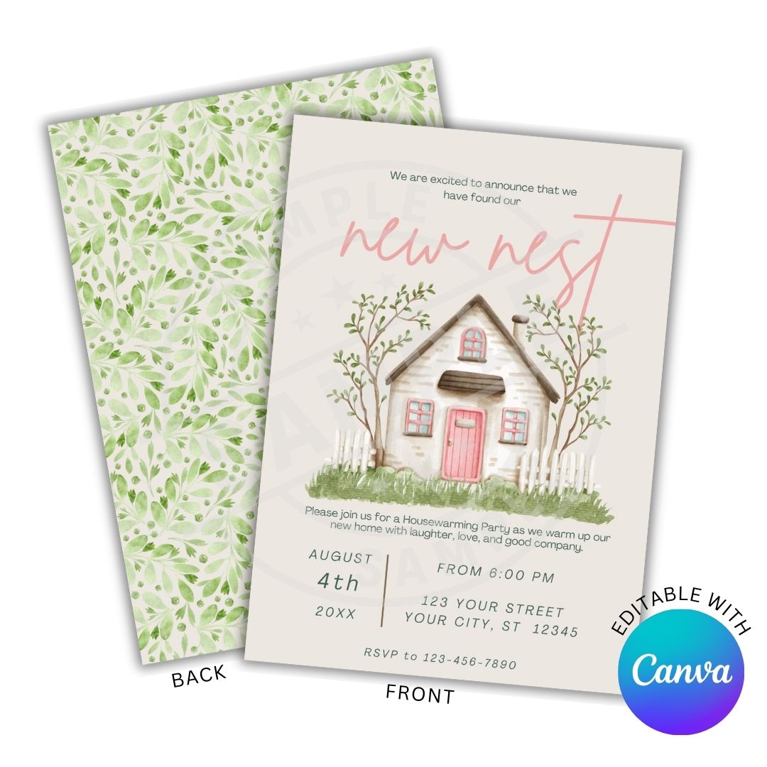 Housewarming party invitation with a house illustration and green leafy design on a white background.