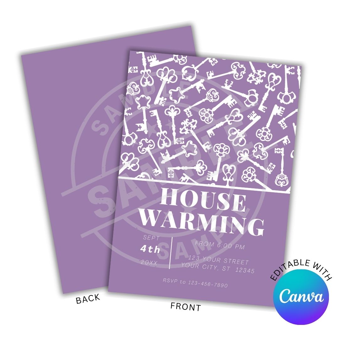 Purple housewarming invitation with white key pattern and Canva branding.
