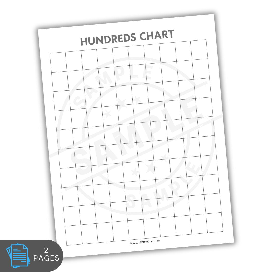 Blank hundreds chart on a white background with a small logo and text at the bottom left corner.