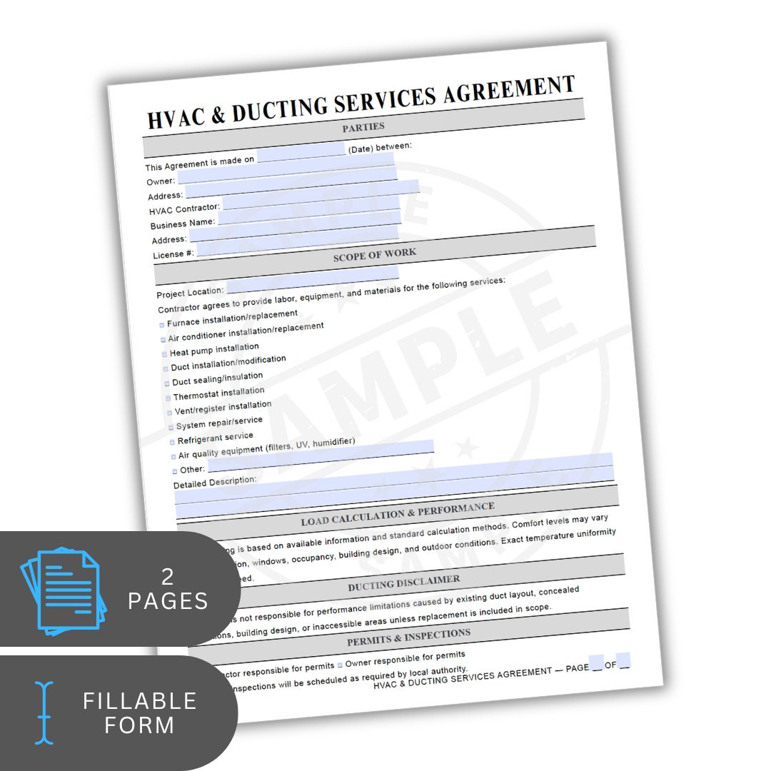 HVAC & Ducting Services Agreement form on a white background