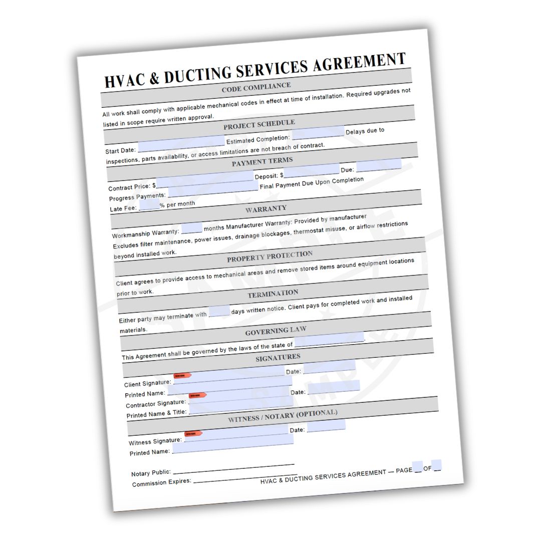 HVAC & Ducting Services Agreement form on a white background