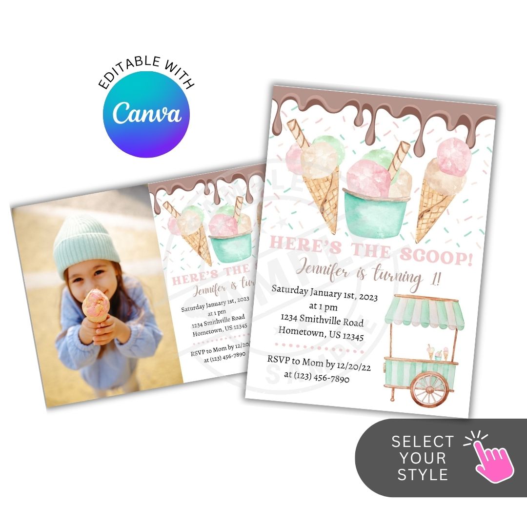 Ice cream-themed birthday invitation with Canva logo and editable text.
