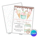 Ice cream-themed birthday invitation with 'Here's the Scoop!' text and Canva branding.