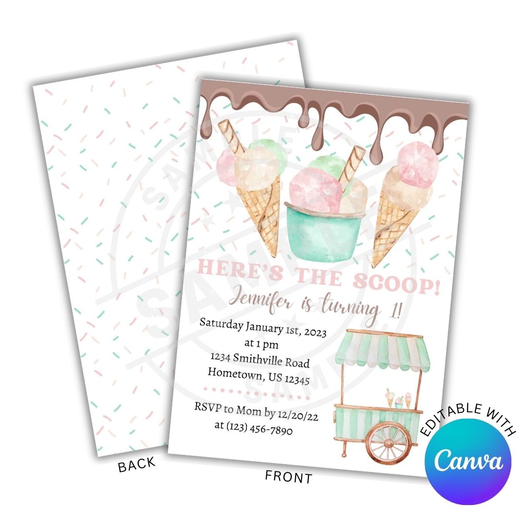 Ice cream-themed birthday invitation with 'Here's the Scoop!' text and Canva branding.