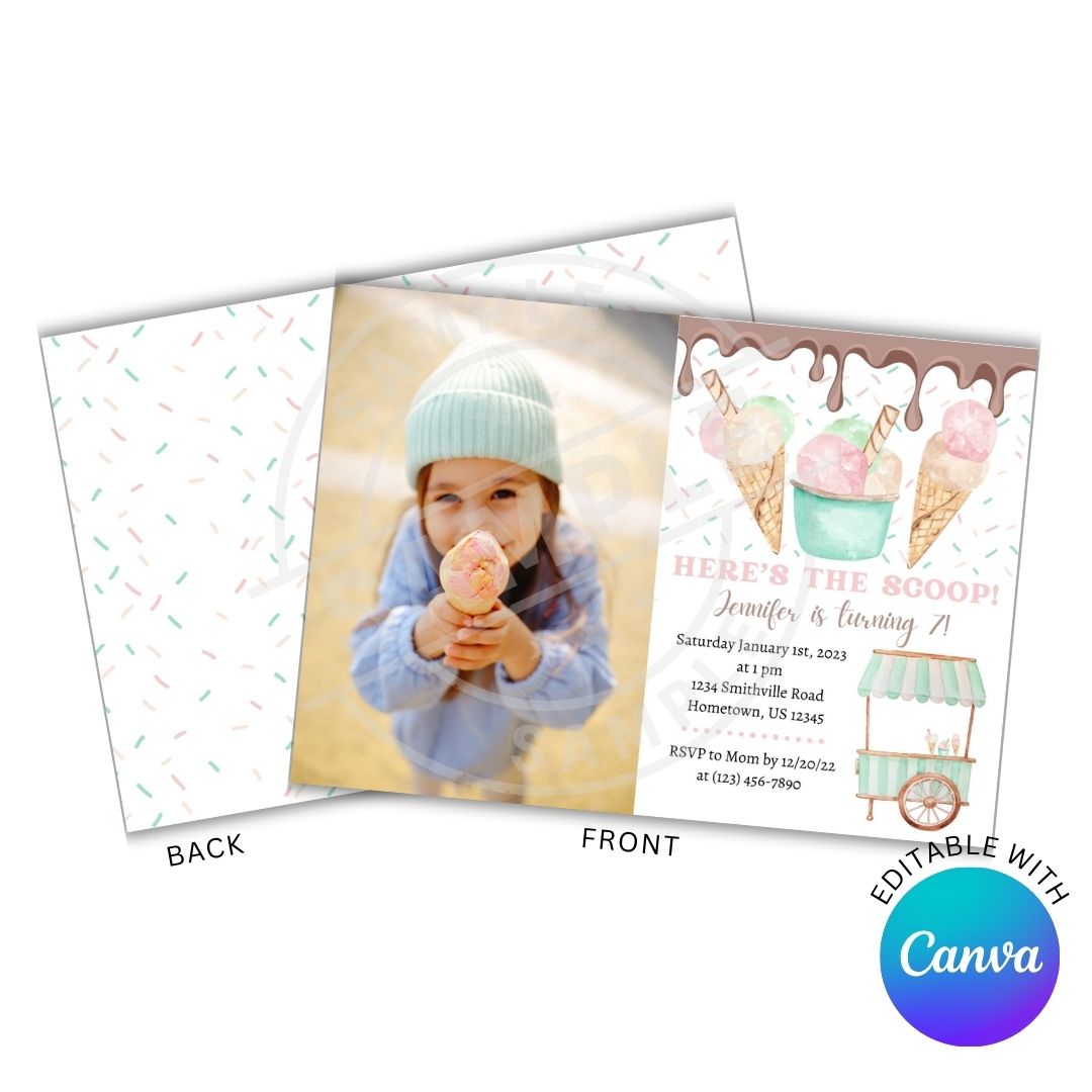 Ice cream-themed birthday invitation with a child holding an ice cream cone, featuring Canva's branding.