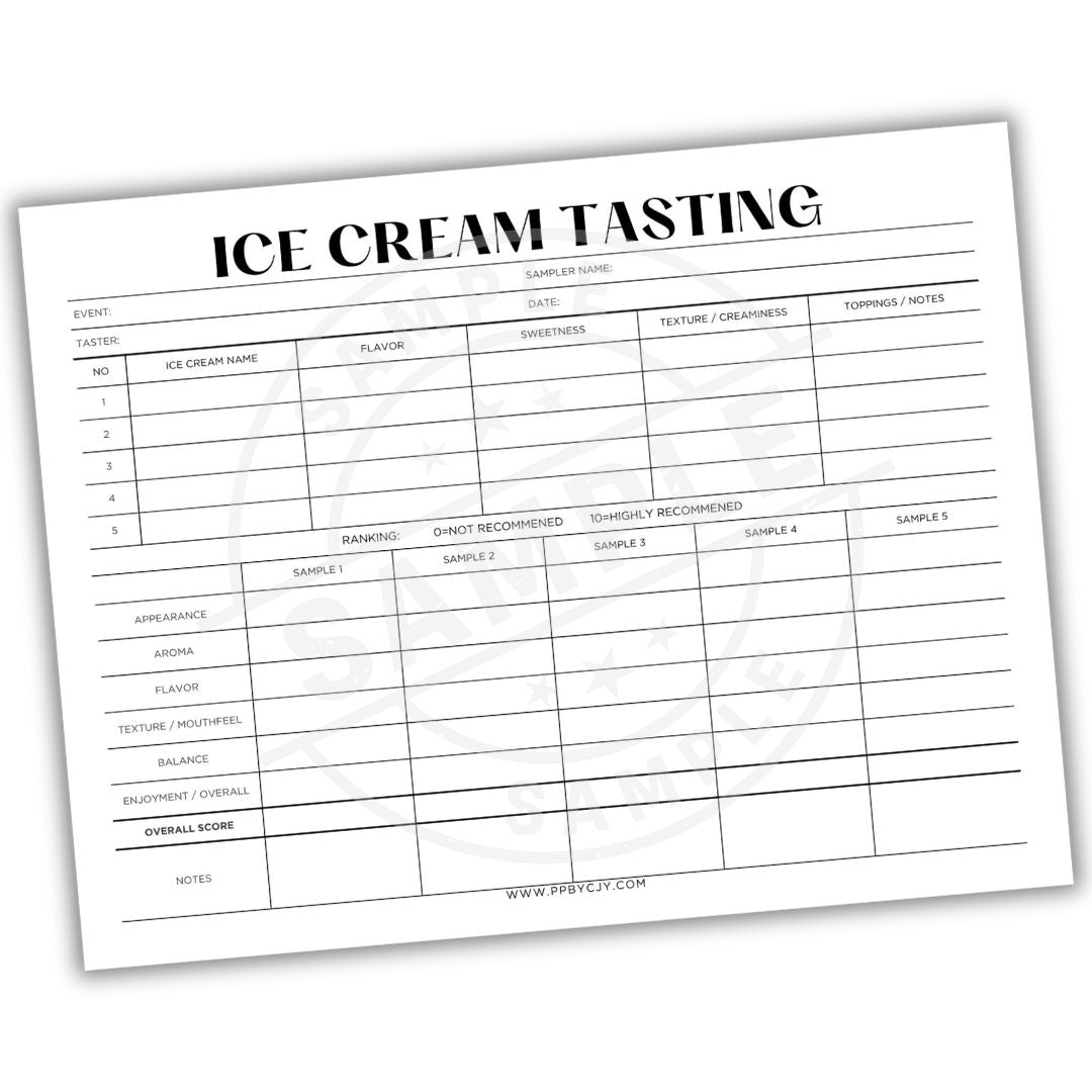Ice cream tasting sheet with a white background