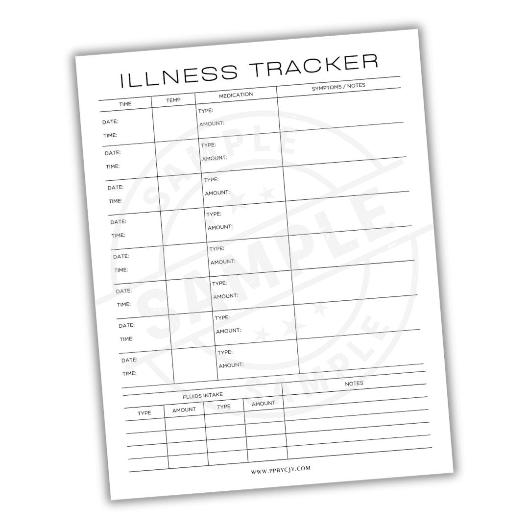 Illness tracker sheet with columns for date, time, type, amount, notes on a white background.