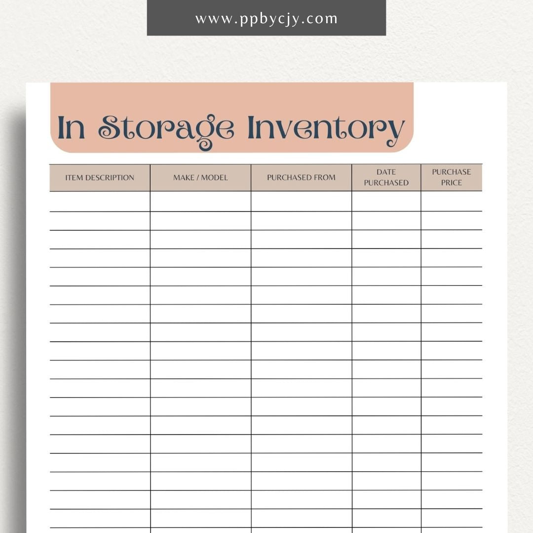 In Storage Inventory Printable Template – Digital download for cataloging and managing items stored in various locations.