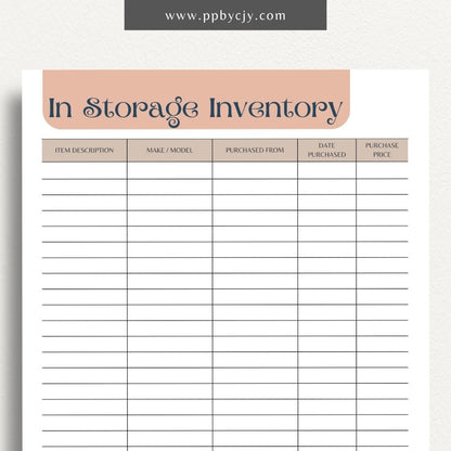 In Storage Inventory Printable Template – Digital download for cataloging and managing items stored in various locations.